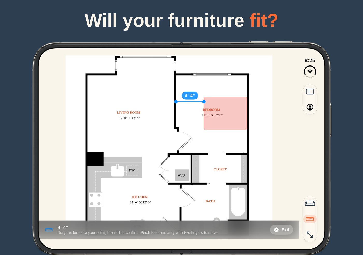 A Queen bed placed on a floor plan on the iPhone Duo inner display, showing 4 feet 4 inches of clearance