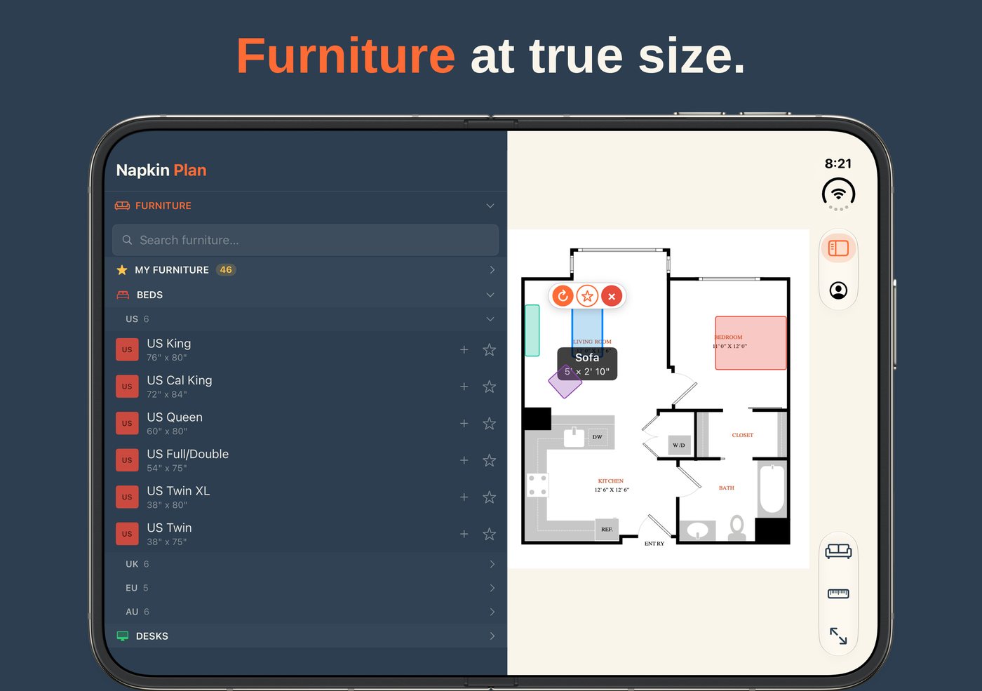 Napkin Plan on the iPhone Duo inner display, with the furniture list beside a floor plan